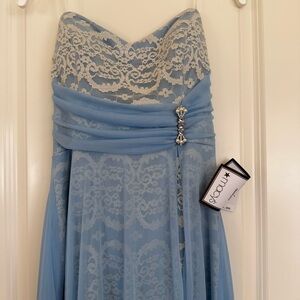 Blue Lace Strapless Gown